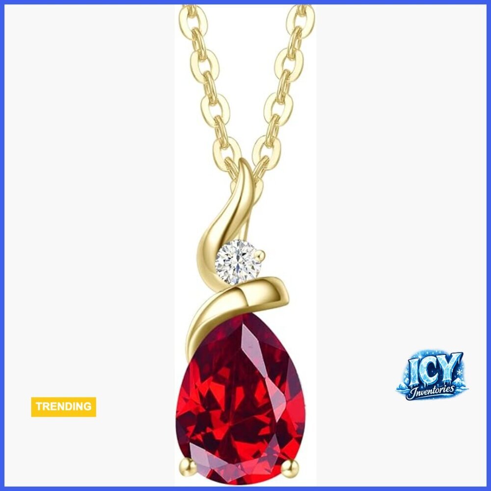 14K Solid Yellow Gold Ruby Pendant Necklace with Sterling Silver Chain